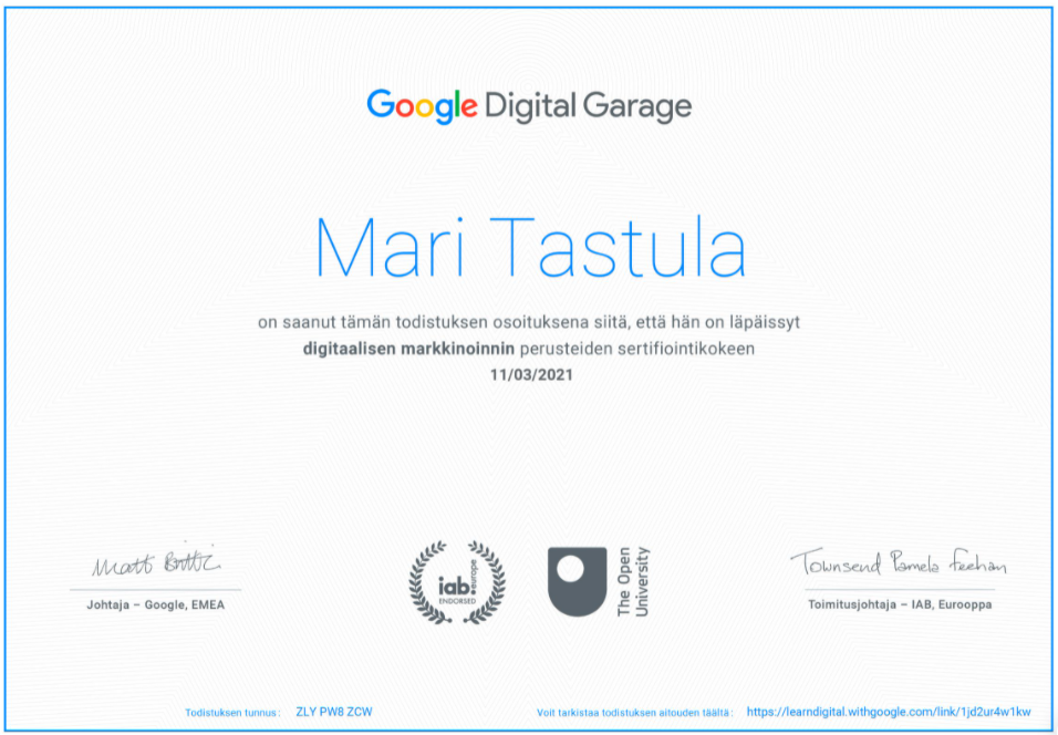 Mari Tastula Google IAB sertifikaatti